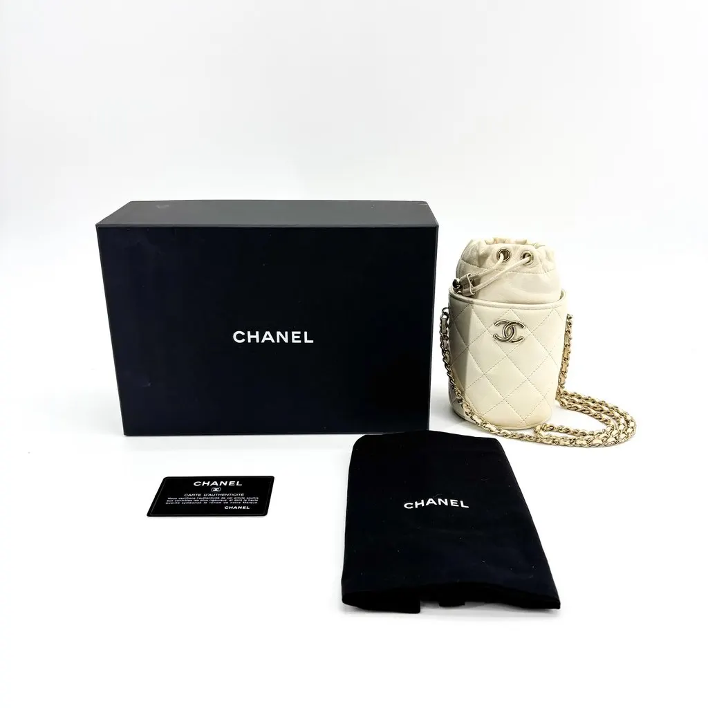 Chanel Lambskin Quilted Mini Drawstring Bucket Bag Ivory Gold Hardware Gold Leather Good - Back View