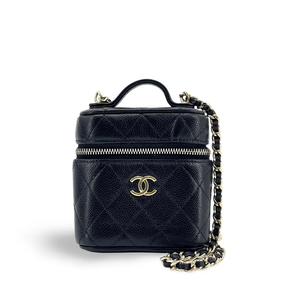 Chanel Classic Top Handle Vanity With Chain Black Caviar Gold Hardware Black Leather Very good - Front View