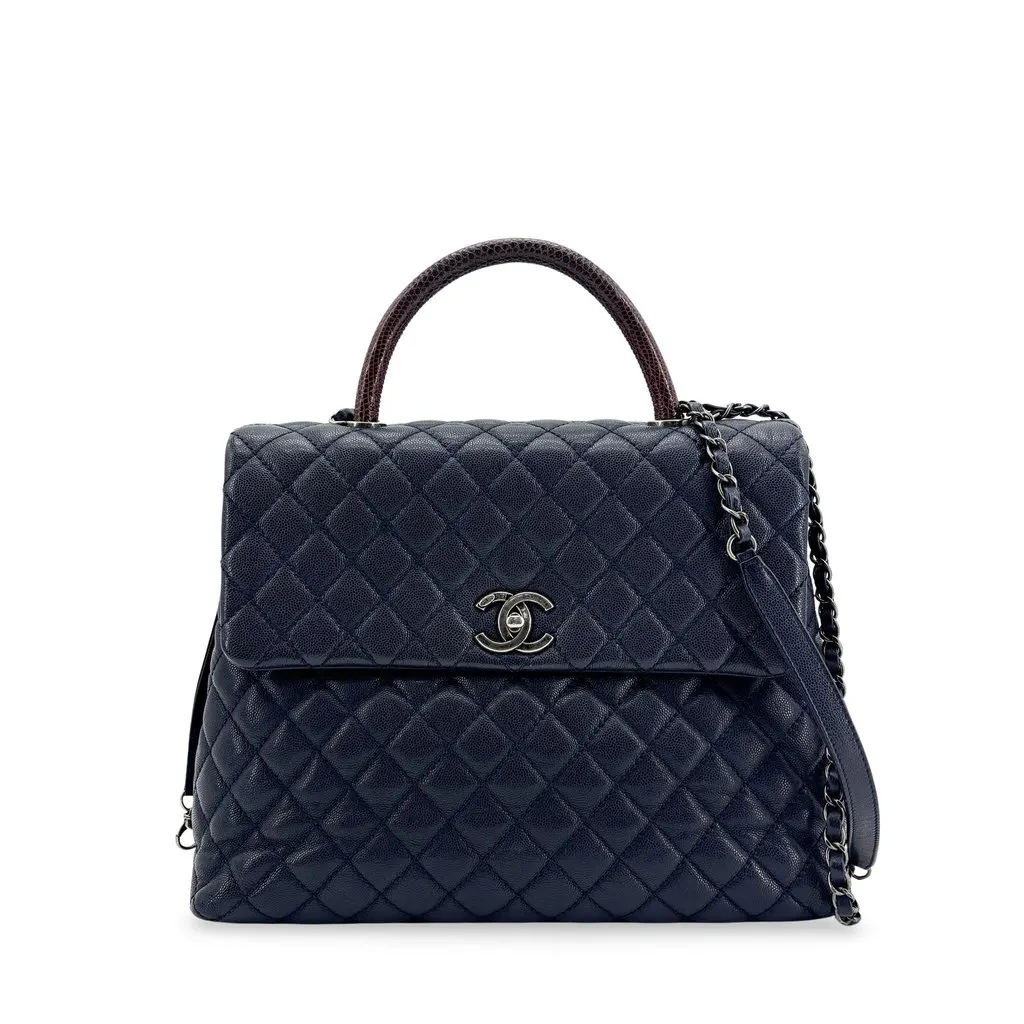 Chanel Coco Handle Medium Navy Caviar with Lizard Handle Ruthenium Burgundy Leather Good - Front View
