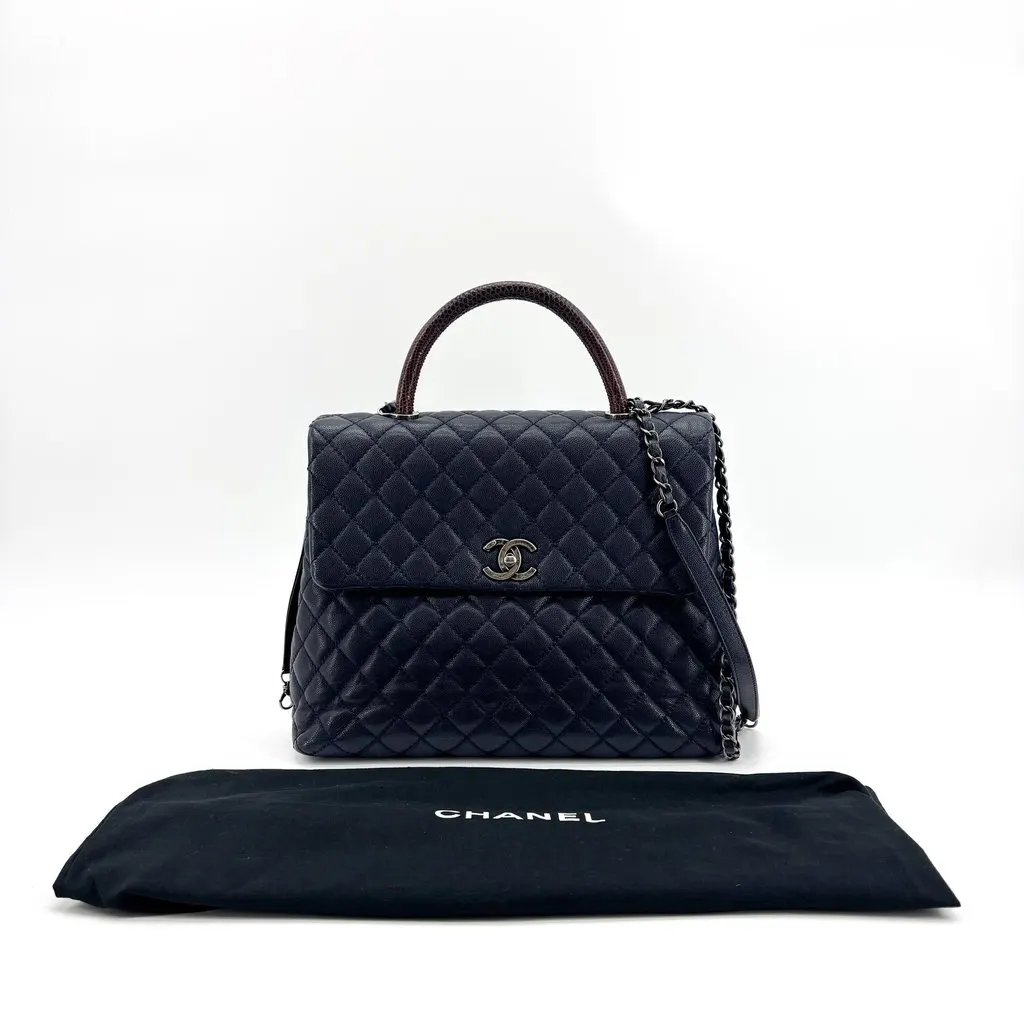 Chanel Coco Handle Medium Navy Caviar with Lizard Handle Ruthenium Burgundy Leather Good - Back View