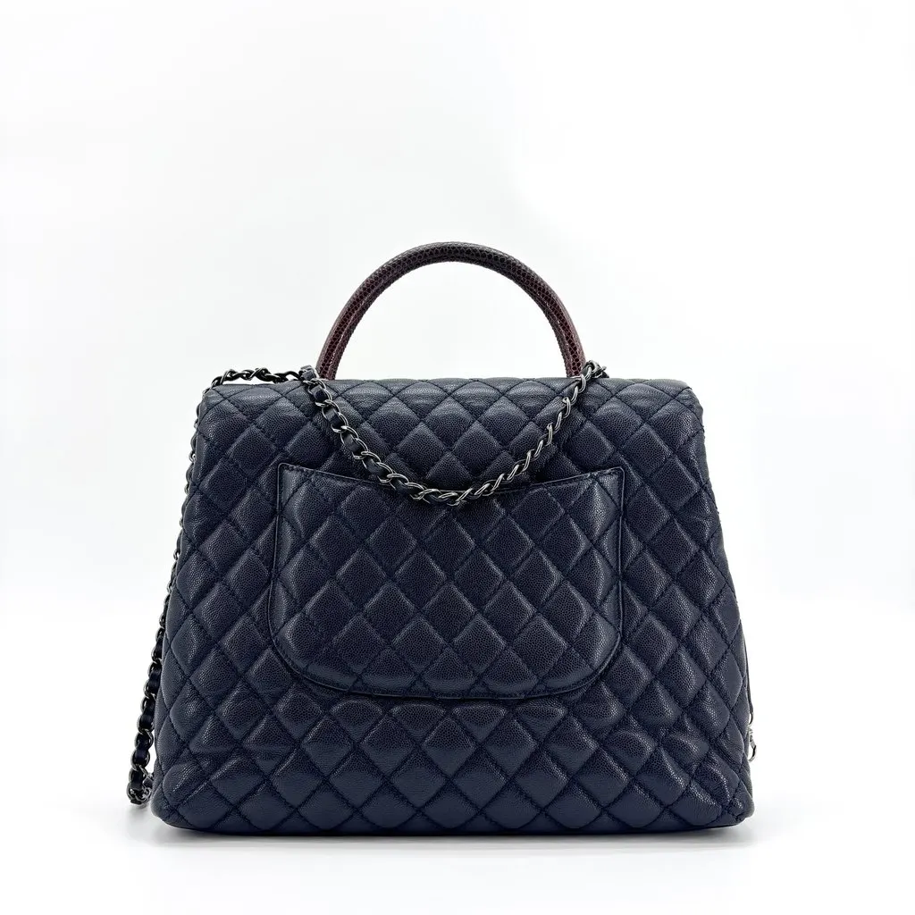 Chanel Coco Handle Medium Navy Caviar with Lizard Handle Ruthenium Burgundy Leather Good - Inside View