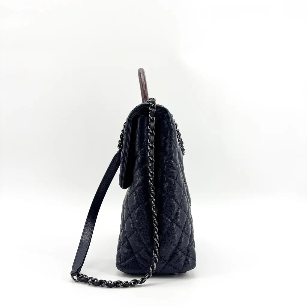 Chanel Coco Handle Medium Navy Caviar with Lizard Handle Ruthenium Burgundy Leather Good - Model View