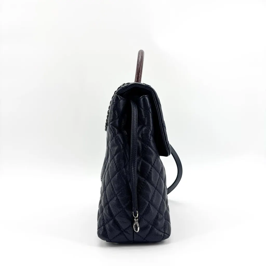 Chanel Coco Handle Medium Navy Caviar with Lizard Handle Ruthenium Burgundy Leather Good - Box View