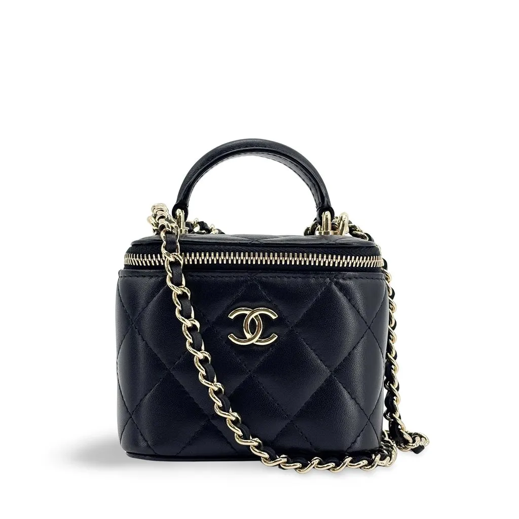Chanel Classic Vanity with Handle Lambskin Black GHW Black Leather Very good - Front View