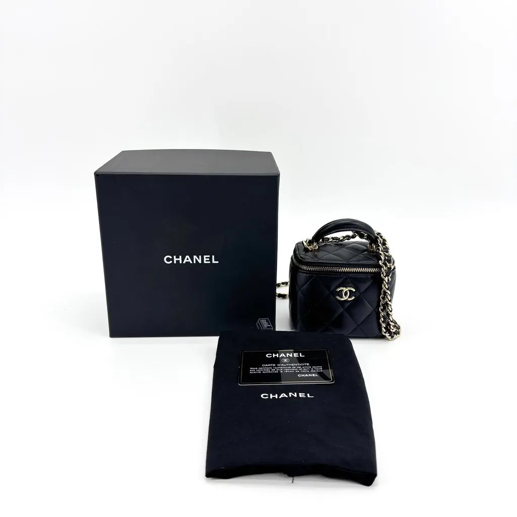 Chanel Classic Vanity with Handle Lambskin Black GHW Black Leather Very good - Back View