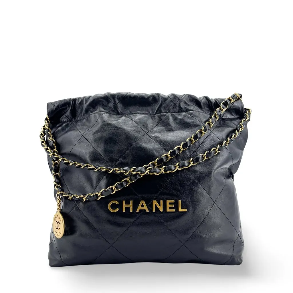 Chanel 22 Mini Bag Black Gold Black Leather Good - Front View