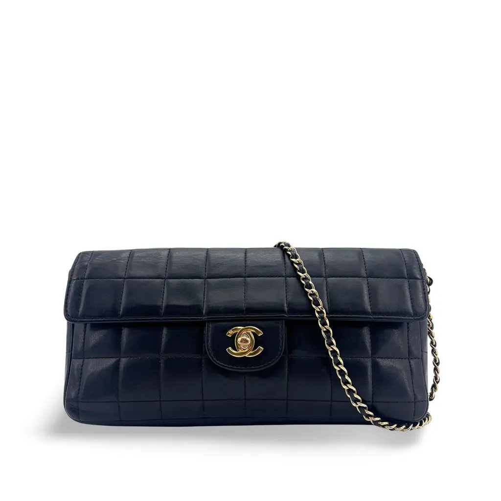 Chanel Chocolate Bar East West Flap Shoulder Bag Black Gold Hardware Black Leather Good - Front View
