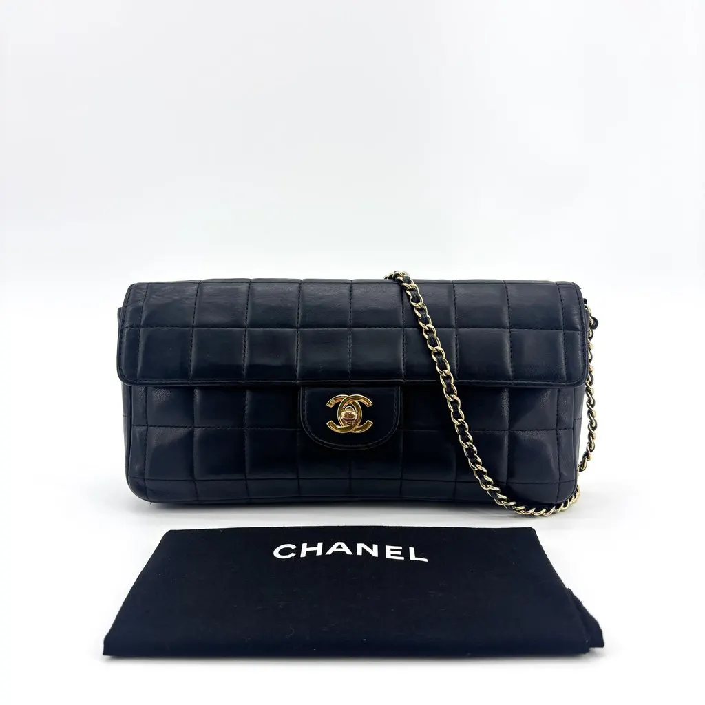 Chanel Chocolate Bar East West Flap Shoulder Bag Black Gold Hardware Black Leather Good - Back View