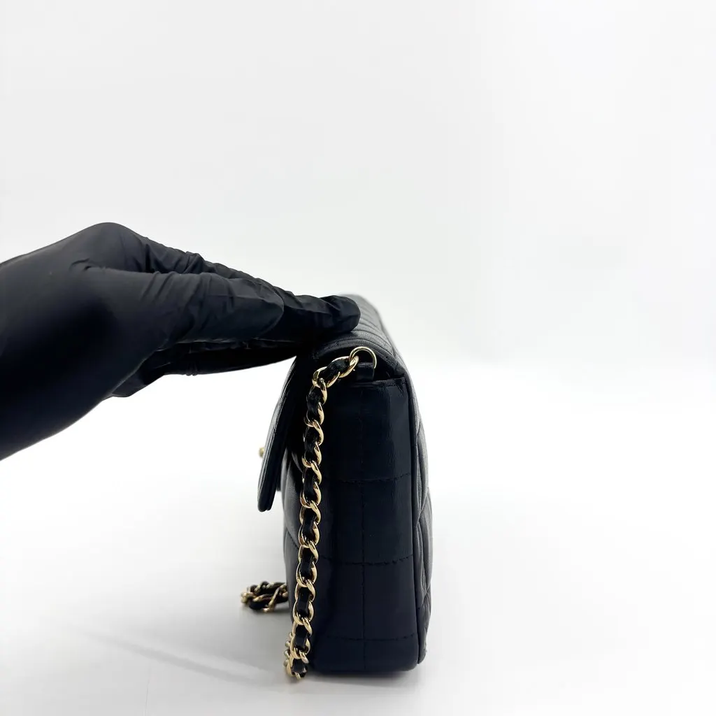 Chanel Chocolate Bar East West Flap Shoulder Bag Black Gold Hardware Black Leather Good - Model View