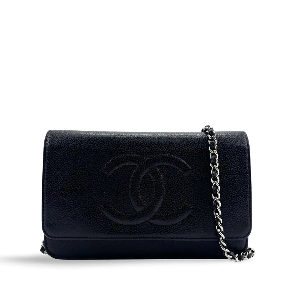 Chanel Timeless WOC Caviar Wallet on Chain Black Silver Hardware Black Leather Good - Front View