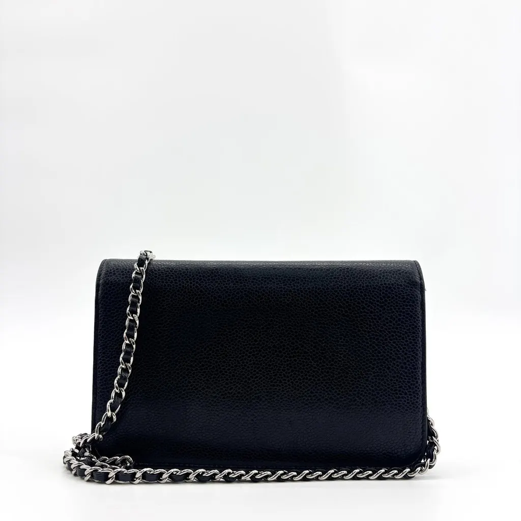Chanel Timeless WOC Caviar Wallet on Chain Black Silver Hardware Black Leather Good - Inside View