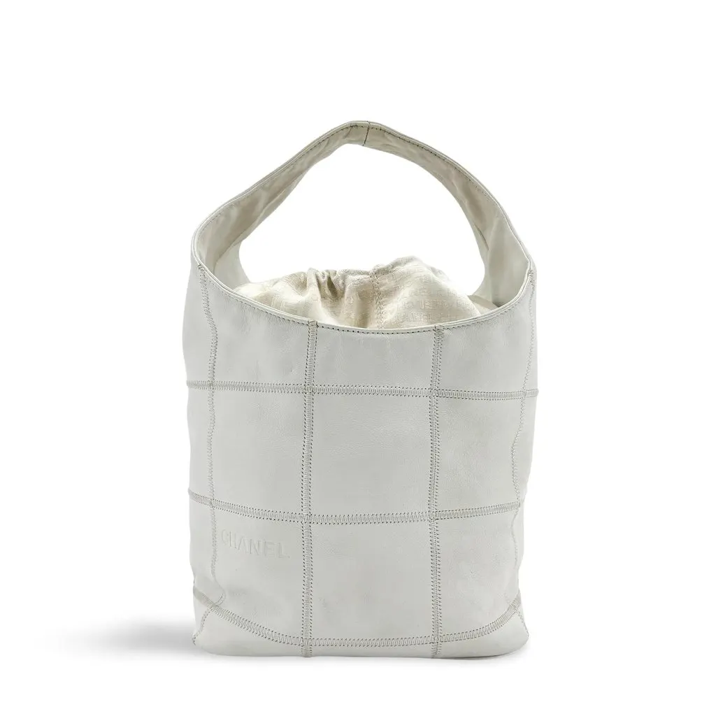 Chanel Chocolate Bar White Leather Stitch Drawstring Tote Bag