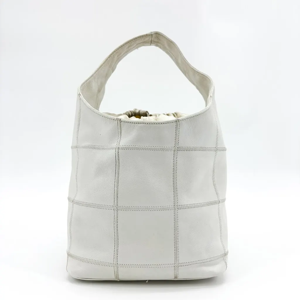 Chanel Chocolate Bar White Leather Stitch Drawstring Tote Bag White Leather Fair - Back View
