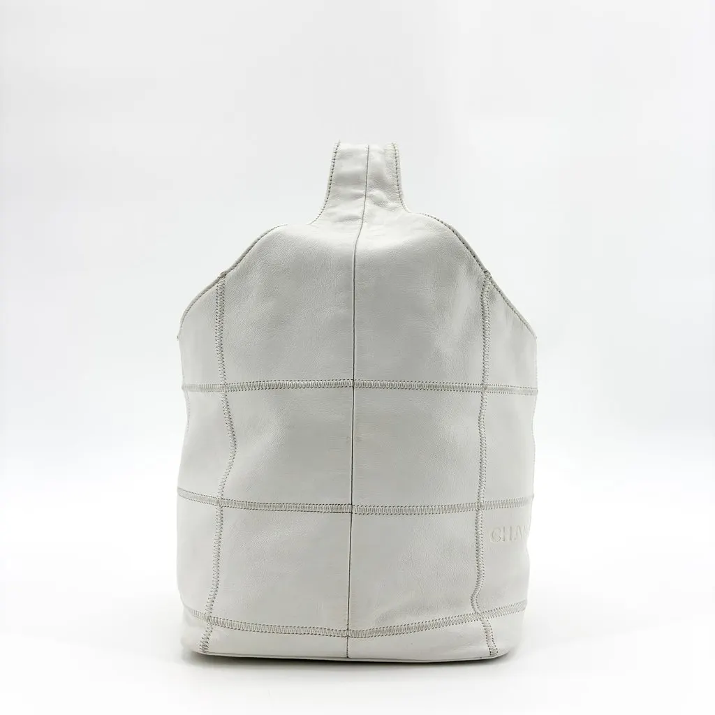 Chanel Chocolate Bar White Leather Stitch Drawstring Tote Bag White Leather Fair - Model View