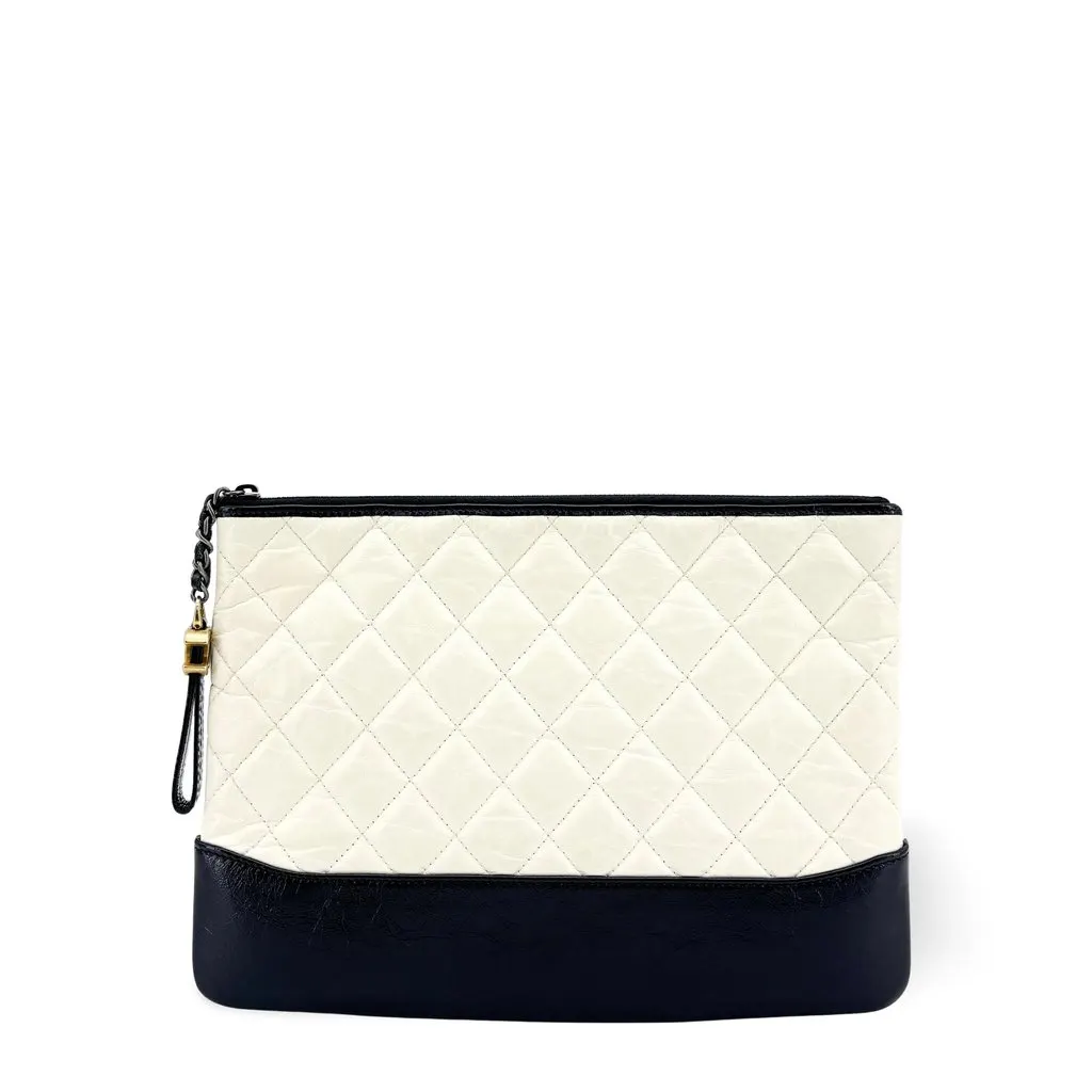 Chanel Gabrielle O-Case Pouch Medium White Black Black Leather Good - Front View