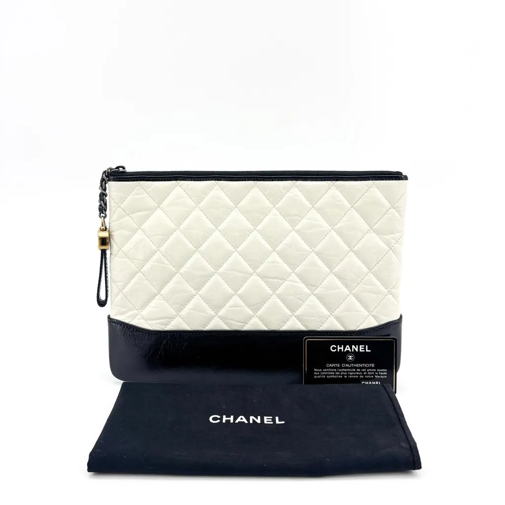 Chanel Gabrielle O-Case Pouch Medium White Black Black Leather Good - Back View