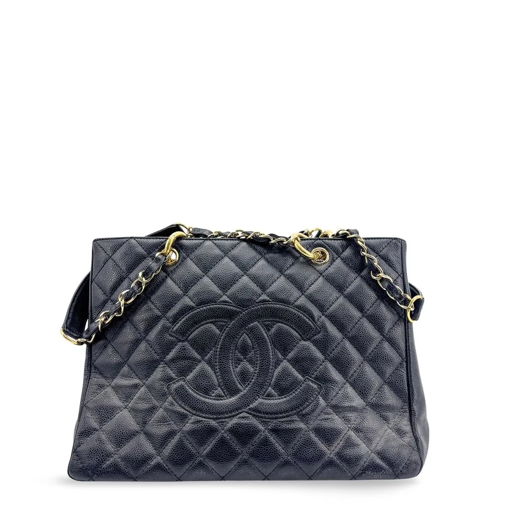 Chanel Caviar Grand Shopping Tote Black Gold Black Leather Good - Front View