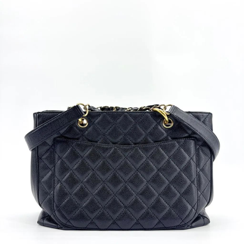 Chanel Caviar Grand Shopping Tote Black Gold Black Leather Good - Back View