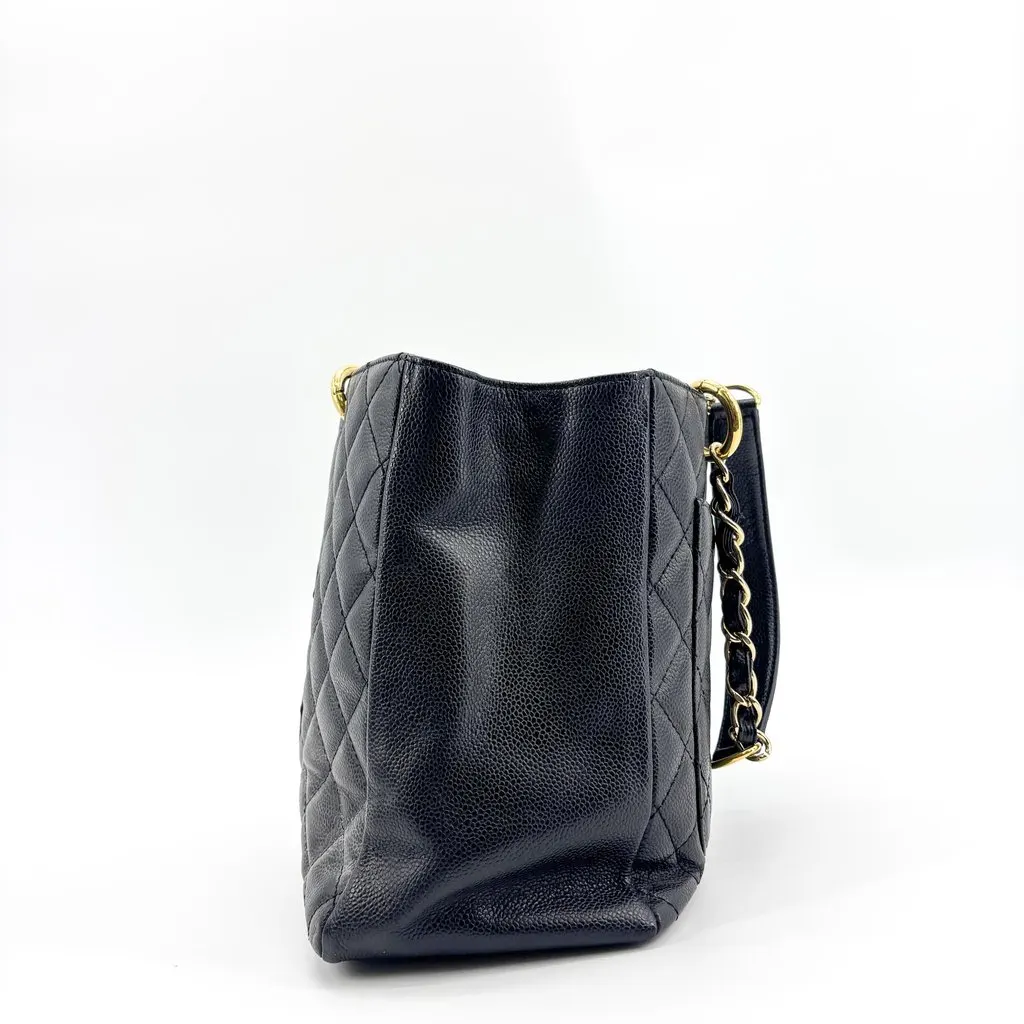 Chanel Caviar Grand Shopping Tote Black Gold Black Leather Good - Inside View