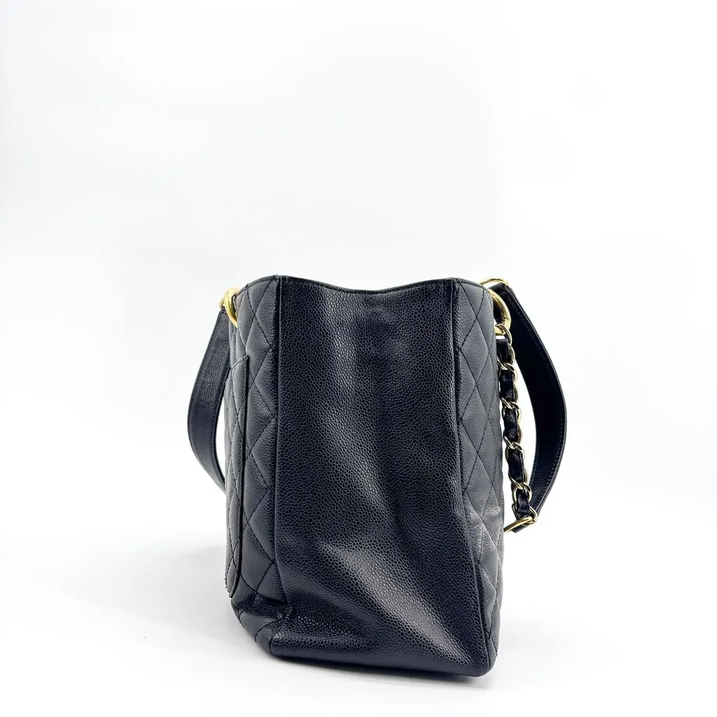 Chanel Caviar Grand Shopping Tote Black Gold Black Leather Good - Model View