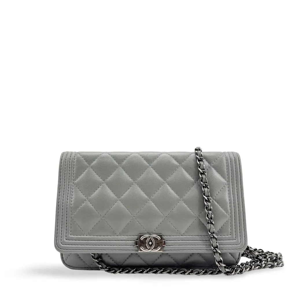 Chanel Boy Wallet on Chain Gray Lambskin Vintage Silver Hardware MultiColor Leather Fair - Front View