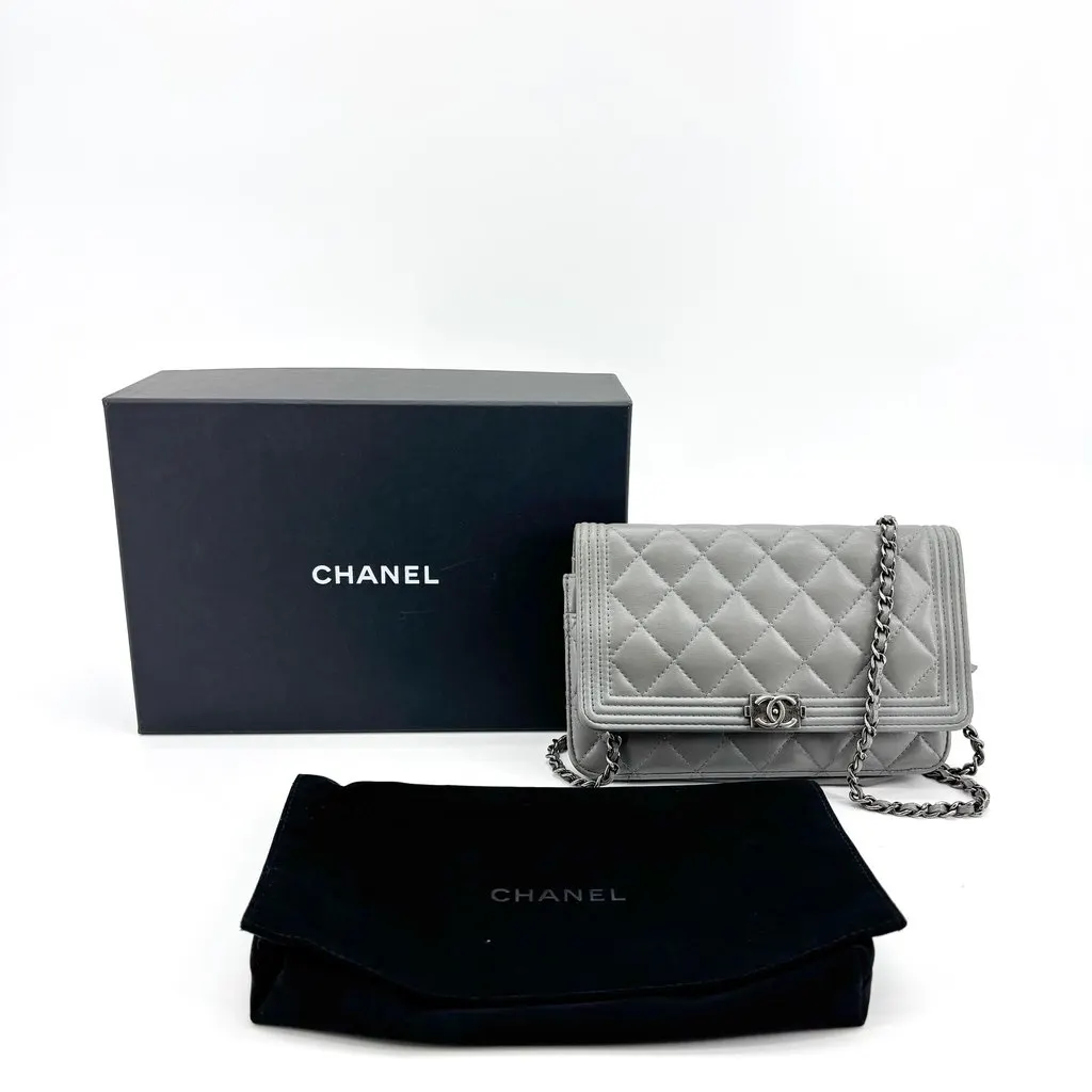 Chanel Boy Wallet on Chain Gray Lambskin Vintage Silver Hardware MultiColor Leather Fair - Back View