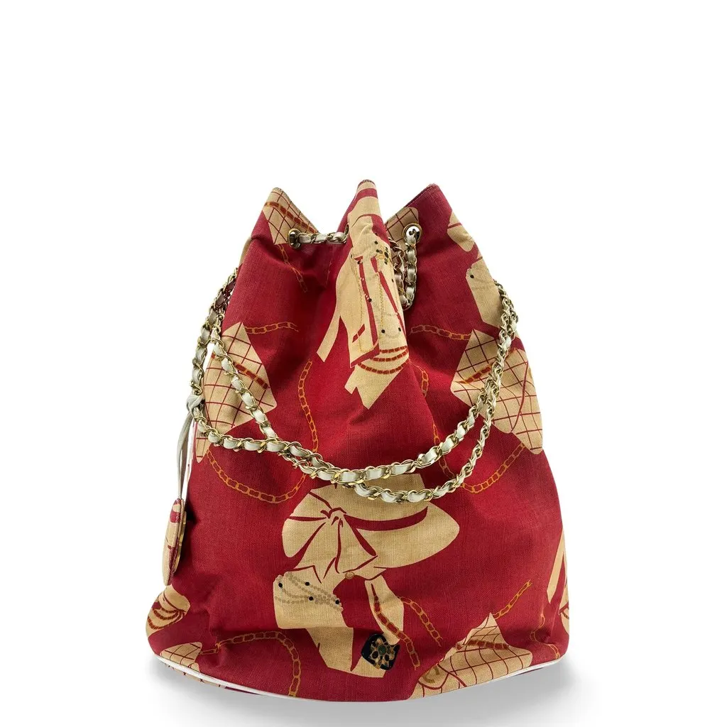 Chanel Canvas Printed Chain Drawstring Bag Beige Canvas Good - Front View