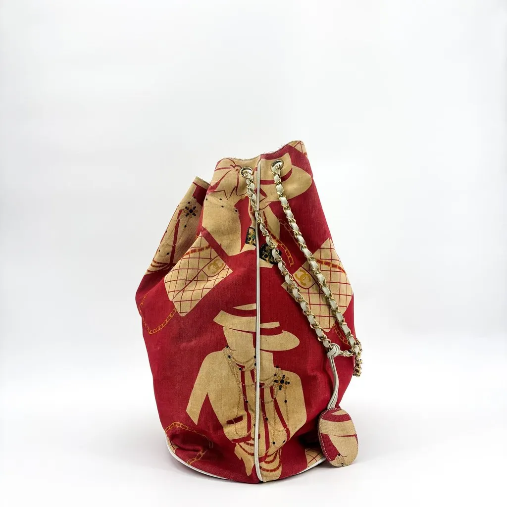 Chanel Canvas Printed Chain Drawstring Bag Beige Canvas Good - Inside View