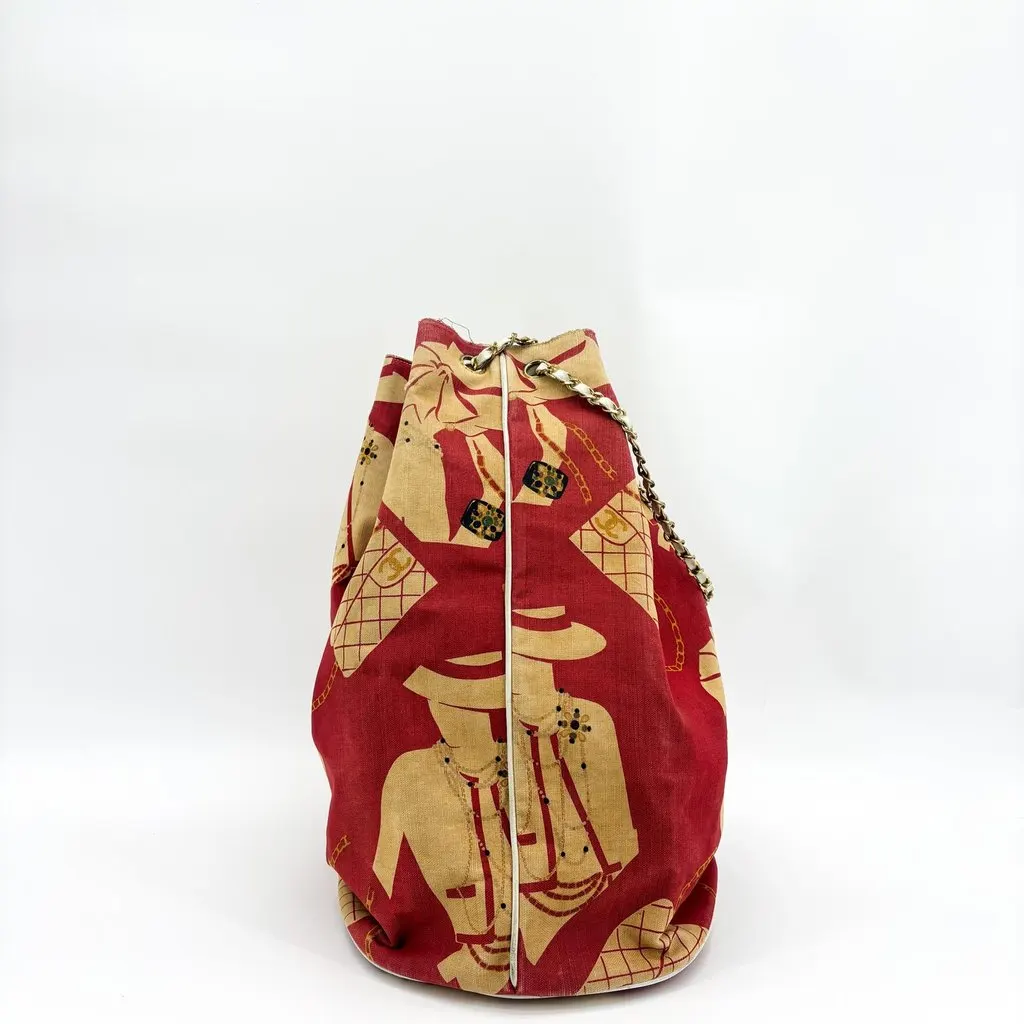 Chanel Canvas Printed Chain Drawstring Bag Beige Canvas Good - Model View