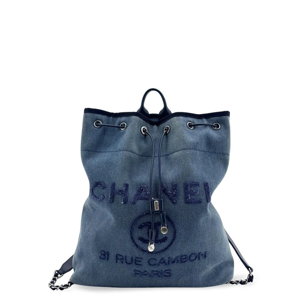 Chanel Denim Sequin 31 Rue Cambon Backpack Blue Blue Denim Good - Front View