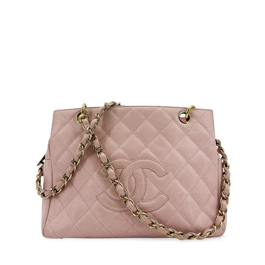 Chanel Quilted Caviar Petit Shopping Tote Pink Gold Gold Leather Good - Front View
