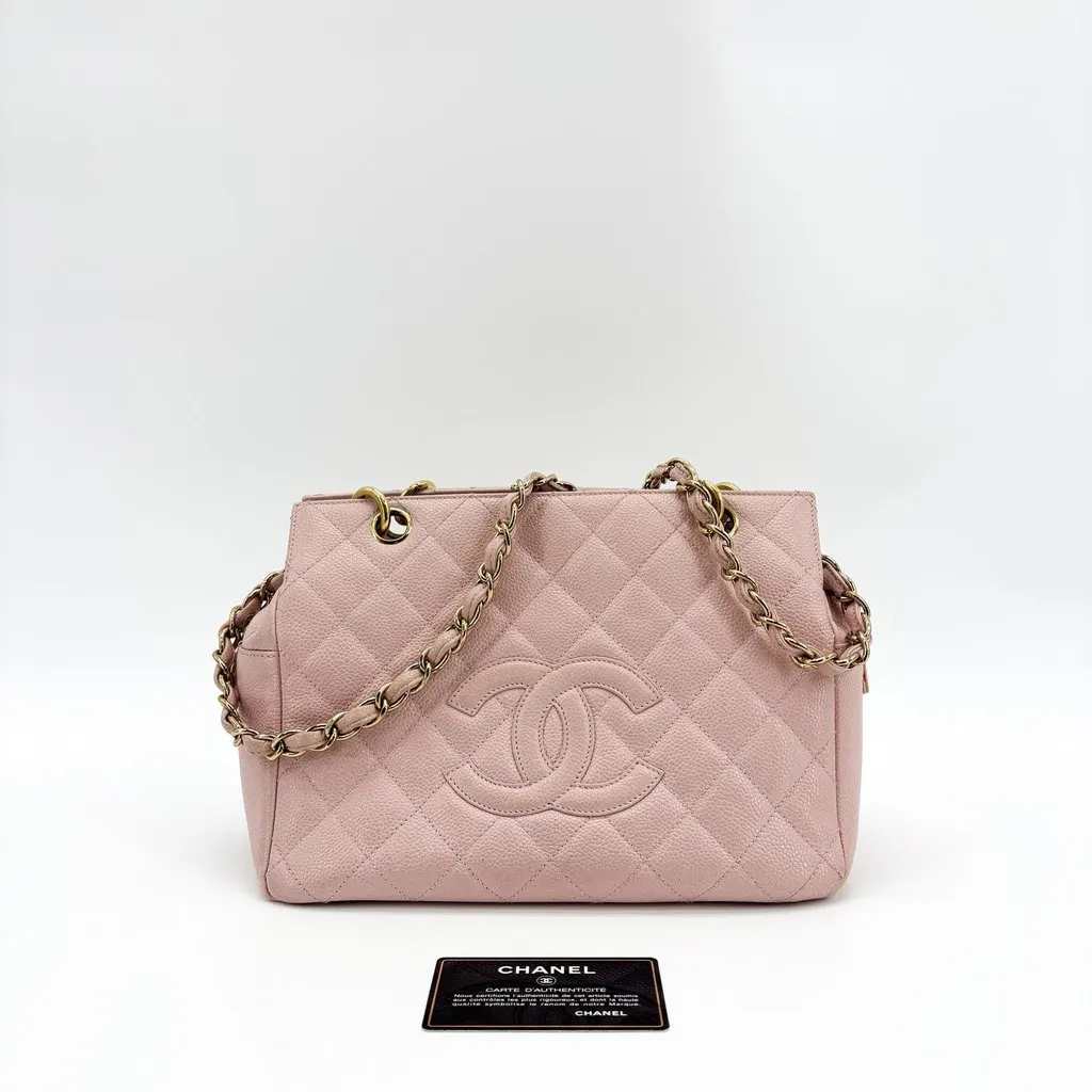 Chanel Quilted Caviar Petit Shopping Tote Pink Gold Gold Leather Good - Back View