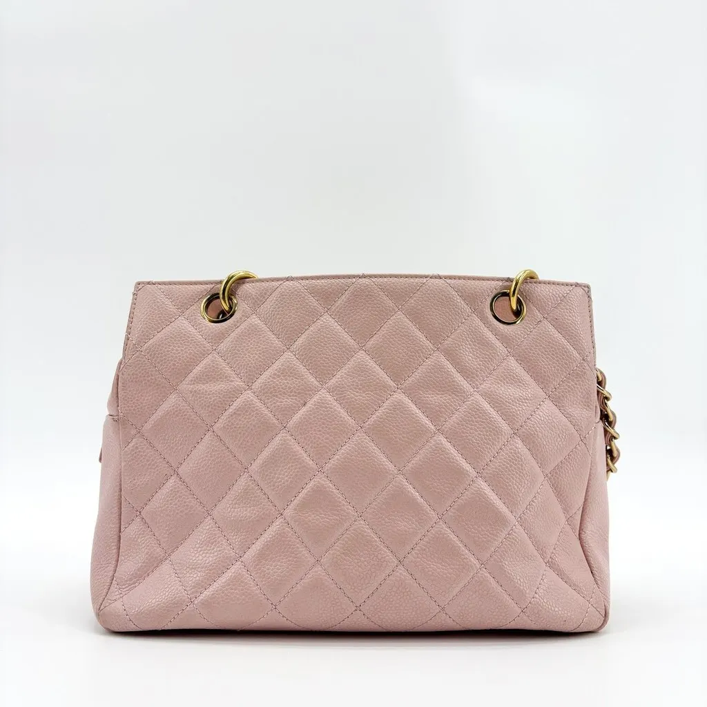 Chanel Quilted Caviar Petit Shopping Tote Pink Gold Gold Leather Good - Inside View