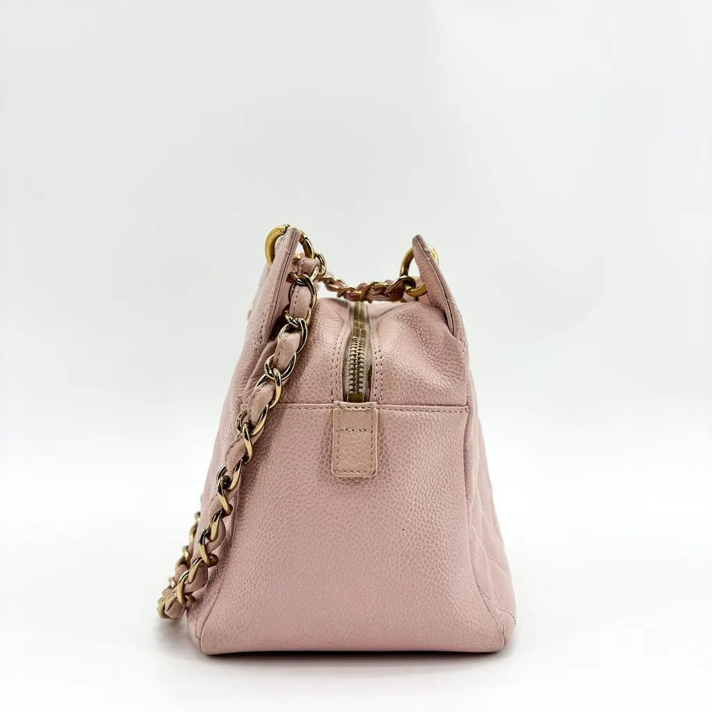Chanel Quilted Caviar Petit Shopping Tote Pink Gold Gold Leather Good - Model View