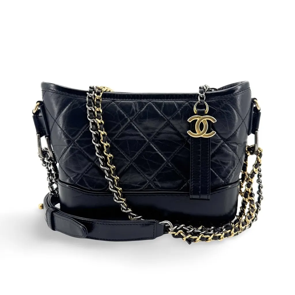 Chanel Gabrielle Small Hobo Bag Aged Calfskin Black Black Leather Good - Front View