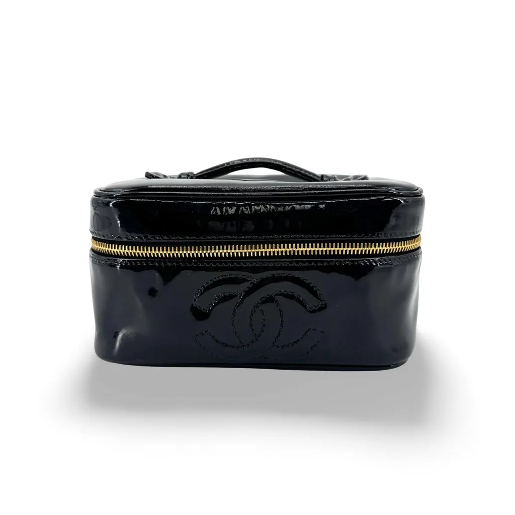 Chanel Vintage Patent Cosmetic Vanity Bag Gold Black Black Leather Very good - Front View