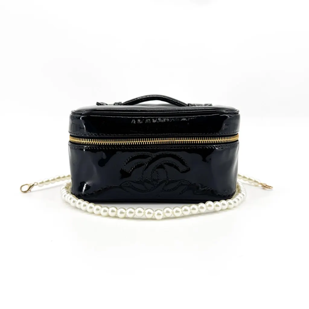 Chanel Vintage Patent Cosmetic Vanity Bag Gold Black Black Leather Very good - Back View