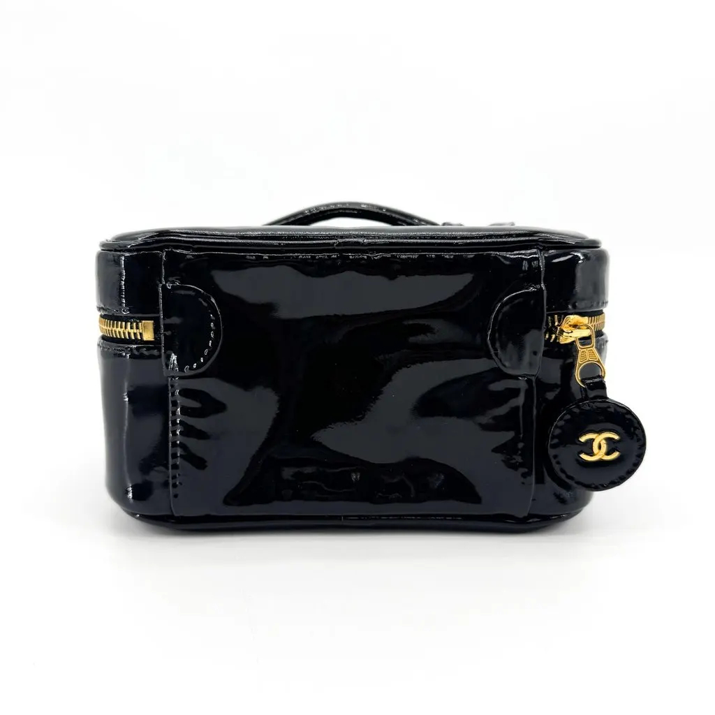 Chanel Vintage Patent Cosmetic Vanity Bag Gold Black Black Leather Very good - Inside View