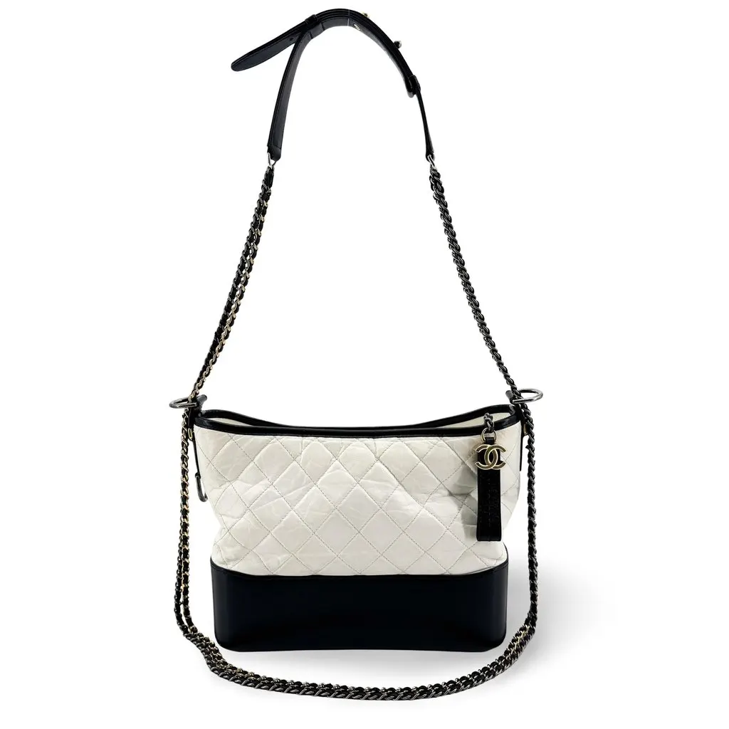 Chanel Small Gabrielle Hobo Bag Aged Calfskin White Black Black Leather Good - Front View
