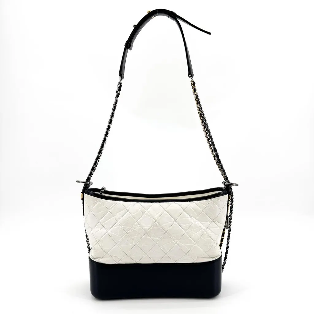 Chanel Small Gabrielle Hobo Bag Aged Calfskin White Black Black Leather Good - Back View