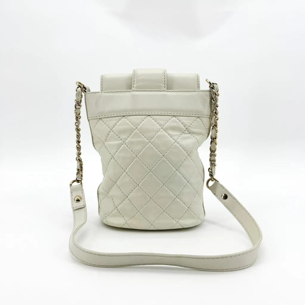 Chanel Small Flap Bucket Bag Lambskin White Gold Hardware Gold Leather Good - Back View