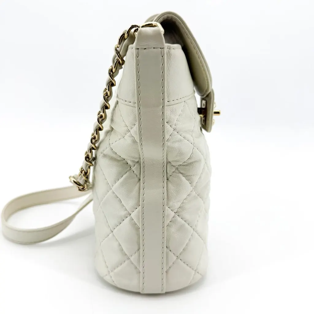 Chanel Small Flap Bucket Bag Lambskin White Gold Hardware Gold Leather Good - Model View