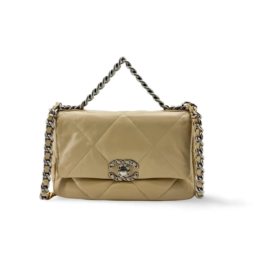Chanel 19 Flap Bag Small Beige Beige Leather Very good - Front View