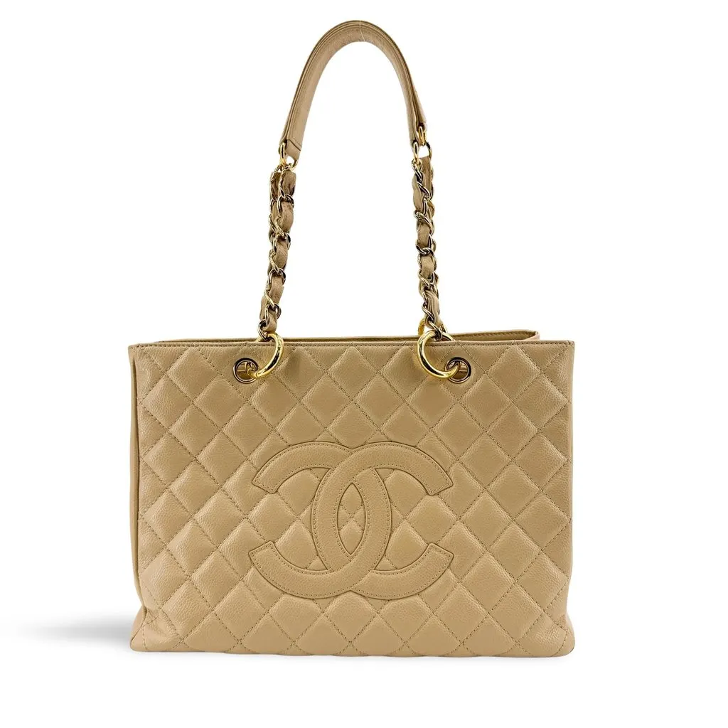 Chanel Grand Shopping Tote Caviar Beige Gold Beige Leather Good - Front View