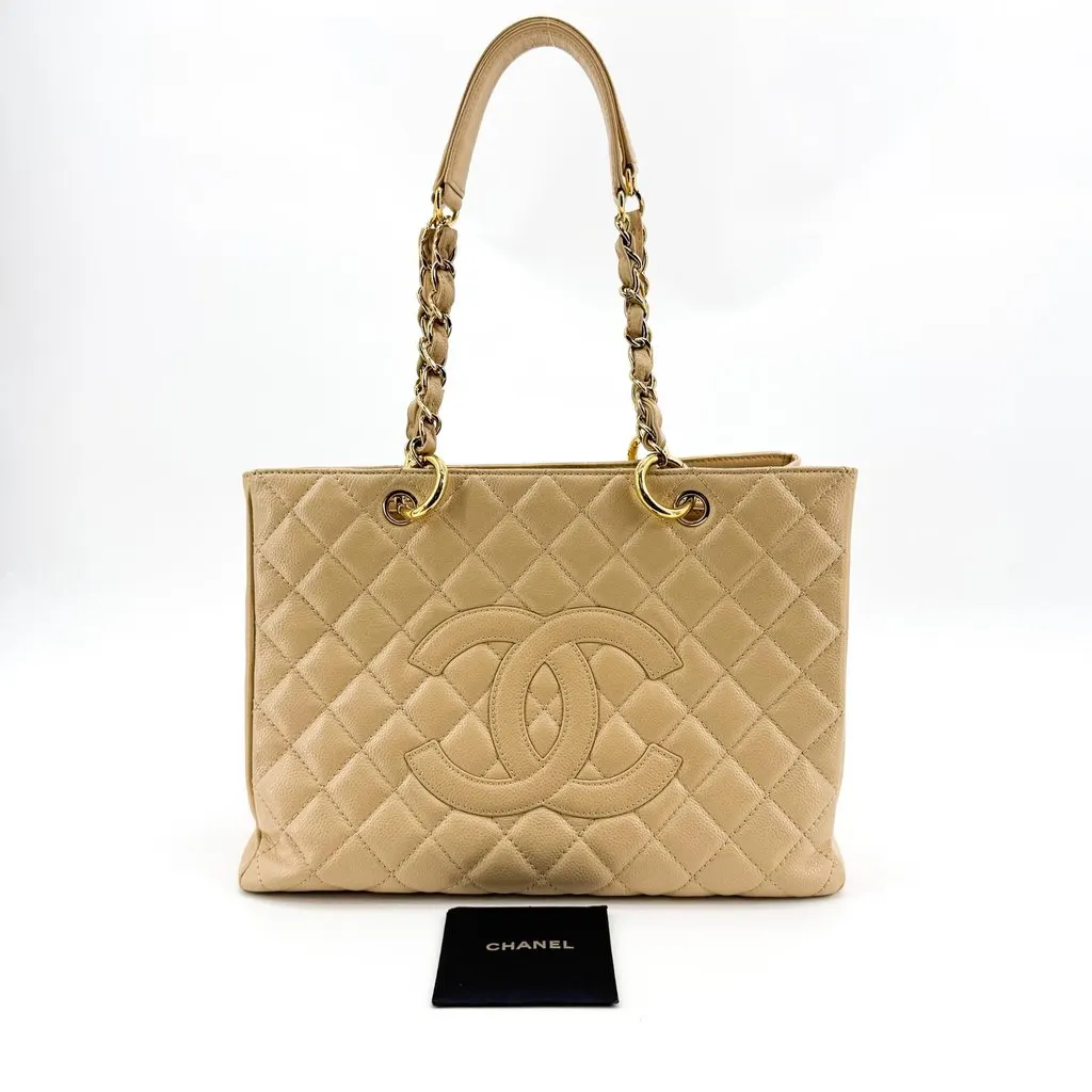 Chanel Grand Shopping Tote Caviar Beige Gold Beige Leather Good - Back View