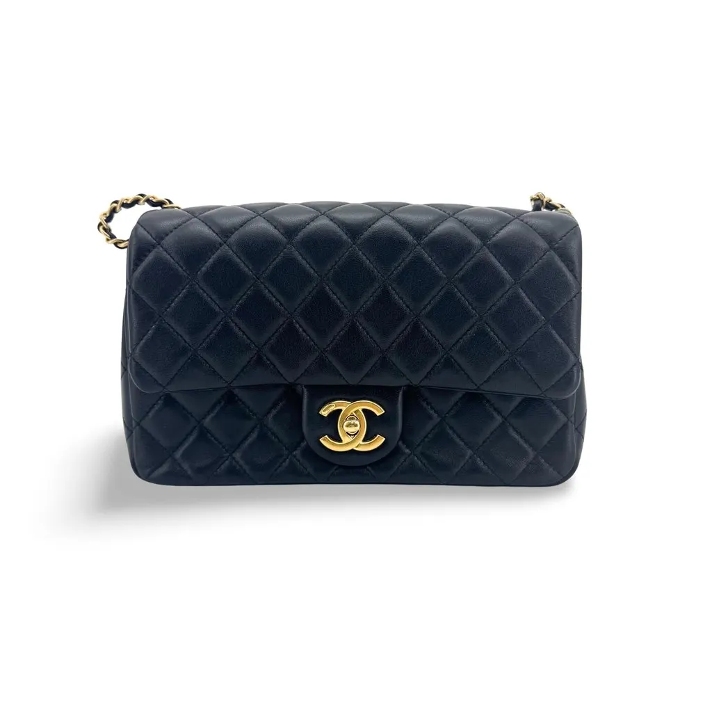 Chanel Classic Mini Rectangular Flap Bag Lambskin Black Gold Hardware Black Leather Good - Front View