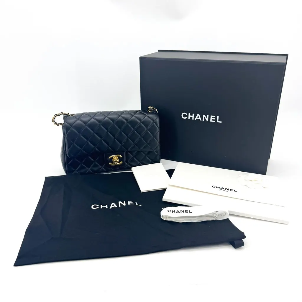 Chanel Classic Mini Rectangular Flap Bag Lambskin Black Gold Hardware Black Leather Good - Back View
