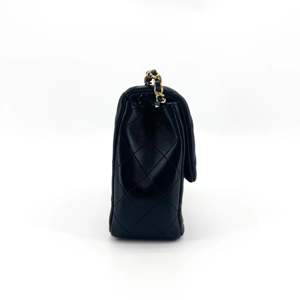 Chanel Classic Mini Rectangular Flap Bag Lambskin Black Gold Hardware Black Leather Good - Model View