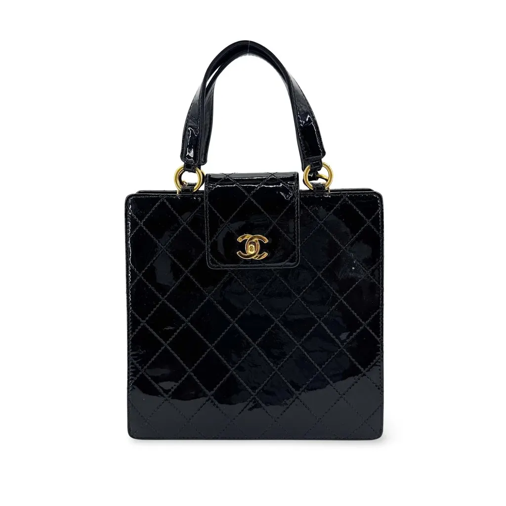 Chanel Vintage Patent Quilted Square Top Handle Bag Gold Black