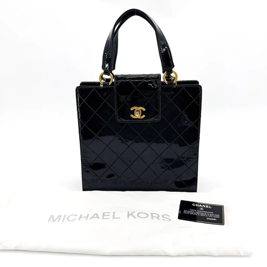 Chanel Vintage Patent Quilted Square Top Handle Bag Gold Black Black Leather Fair - Back View